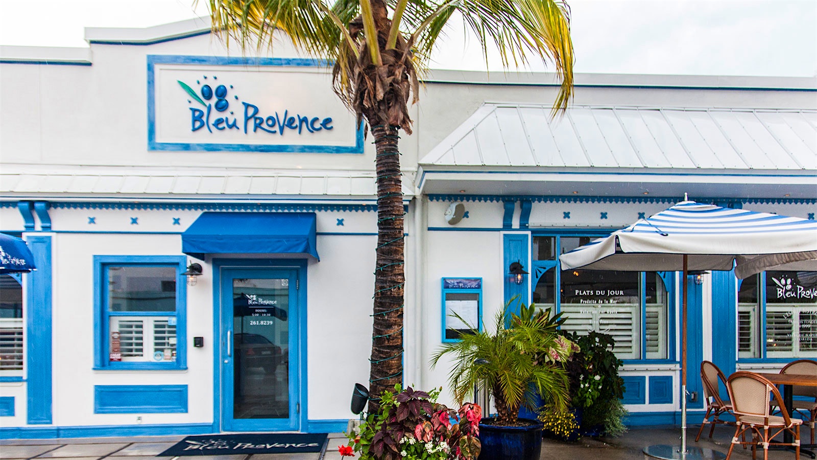 The blue and white exterior of Bleu Provence